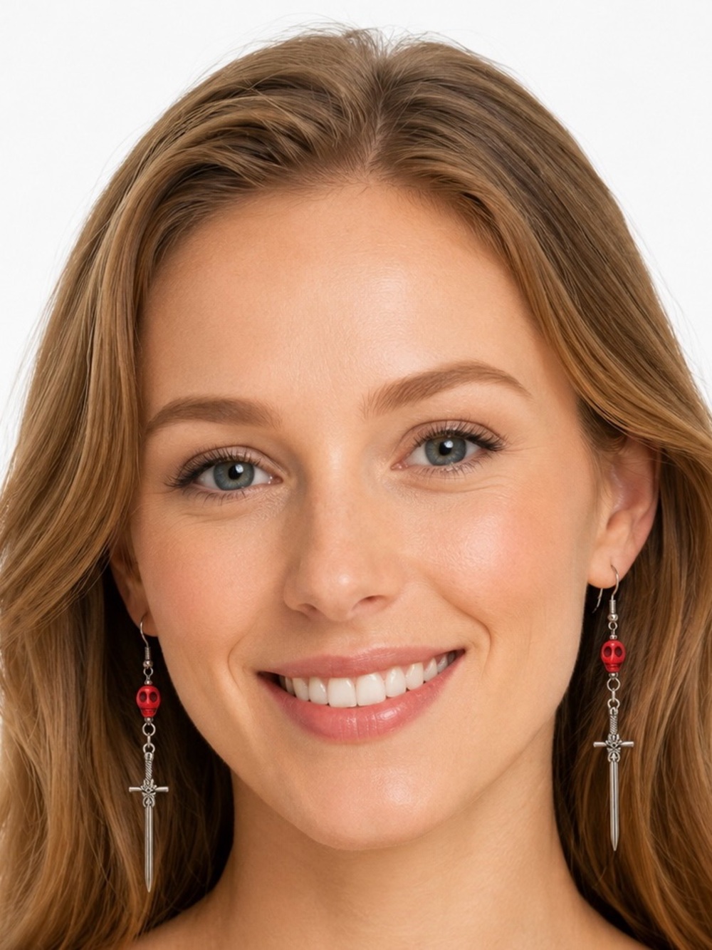 Silver Sword Drop Earrings with Mini Fuchsia Skulls